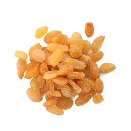 Tasty raisins on white background, top view. Healthy dried fruit