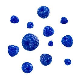 Image of Many fresh blue raspberries falling on white background