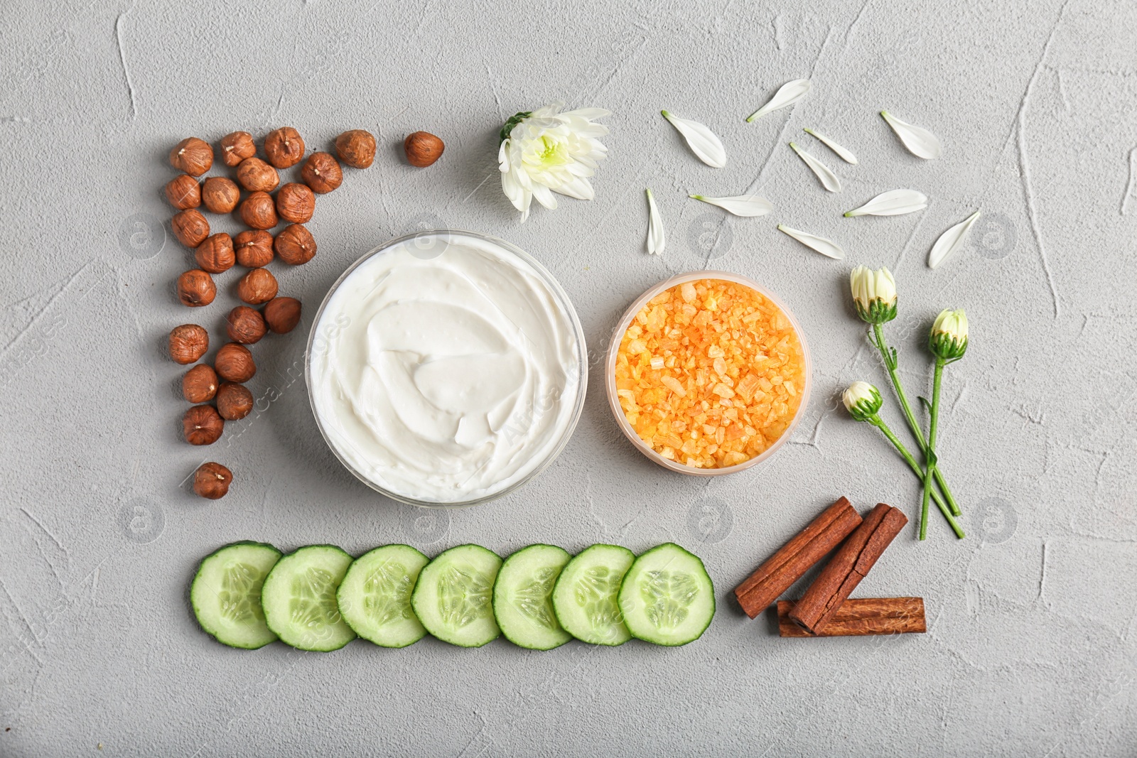 Photo of Beautiful composition with cosmetics and products on grey background, flat lay