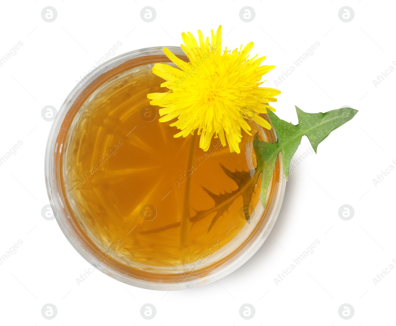 Photo of Delicious fresh tea with dandelion flower and leaf on white background , top view