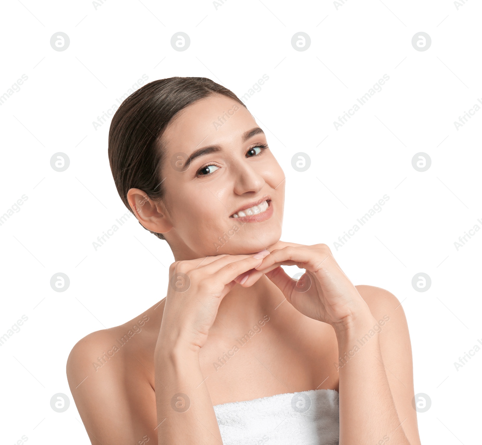 Photo of Portrait of beautiful woman on white background. Cosmetology and spa