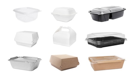 Set with different containers for food on white background