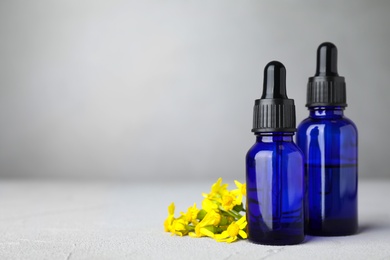 Bottles of essential oil and flowers on grey table, space for text