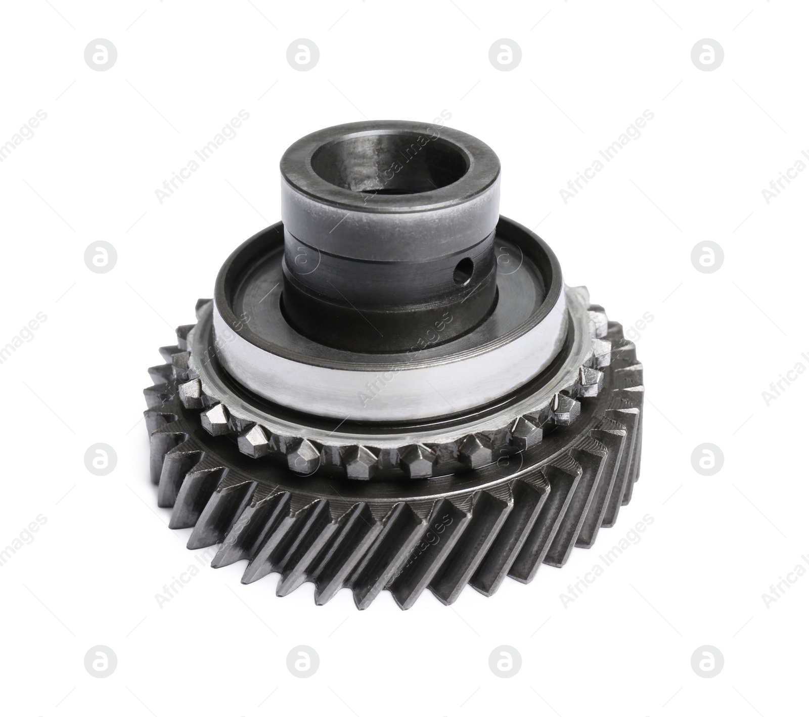 Photo of New stainless steel gears on white background