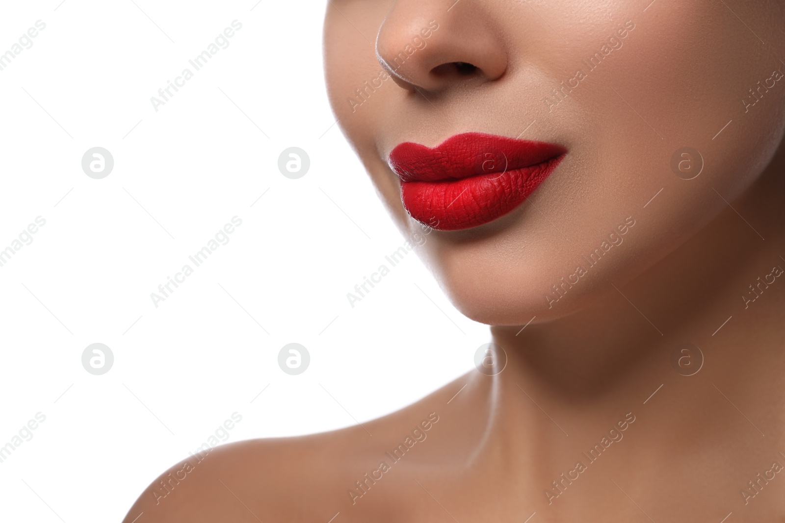 Photo of Woman with red lipstick on white background, closeup