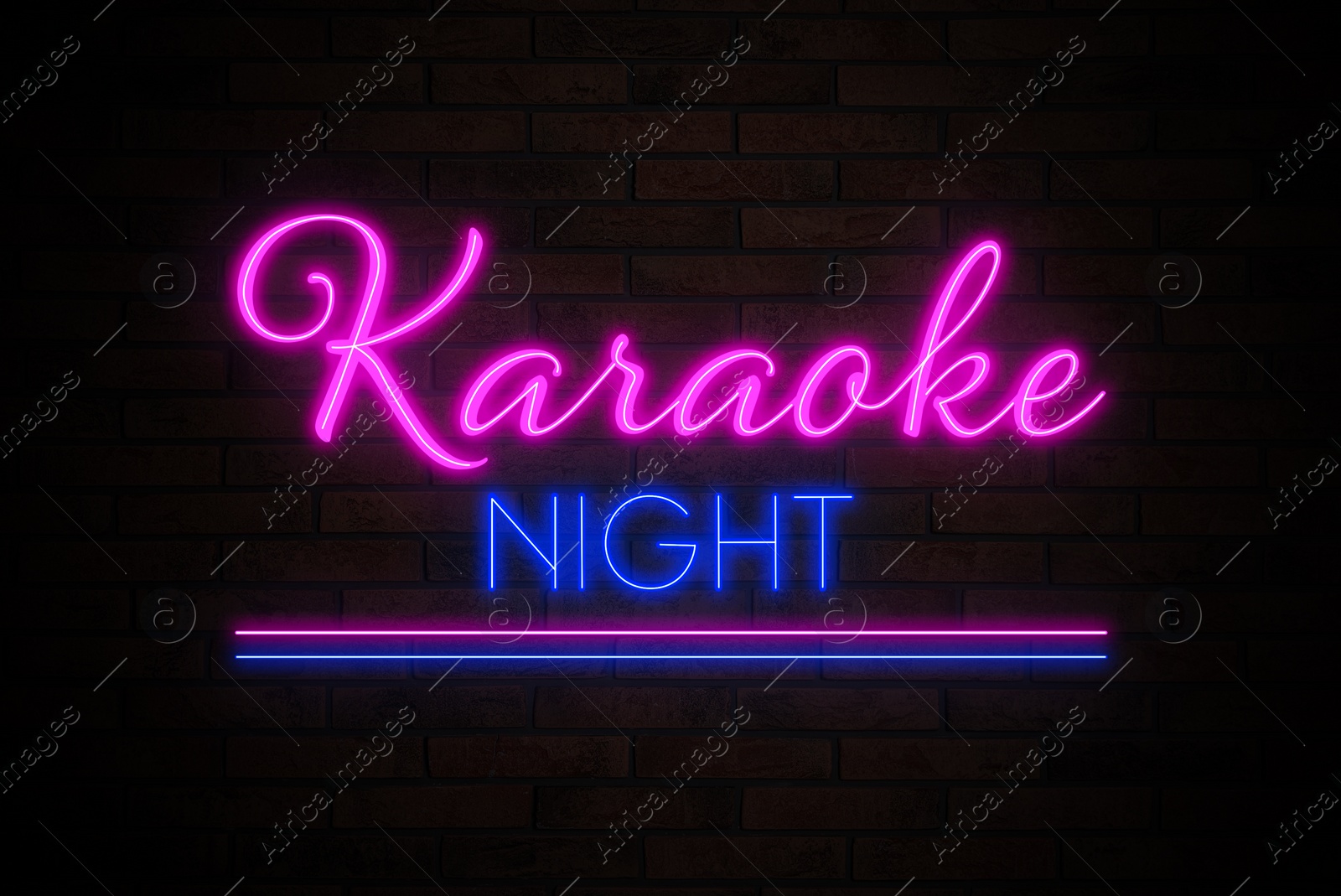 Illustration of Glowing neon sign with words Karaoke Night on brick wall