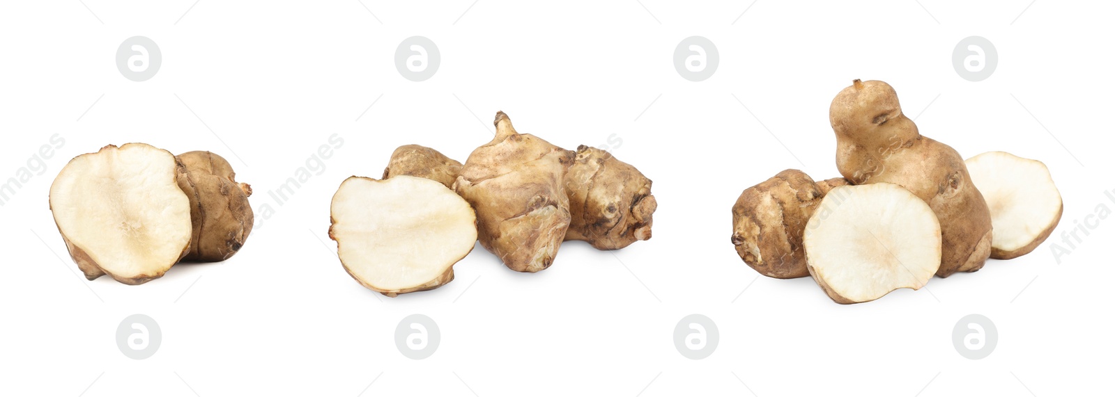 Image of Collage with Jerusalem artichokes on white background