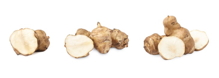 Image of Collage with Jerusalem artichokes on white background