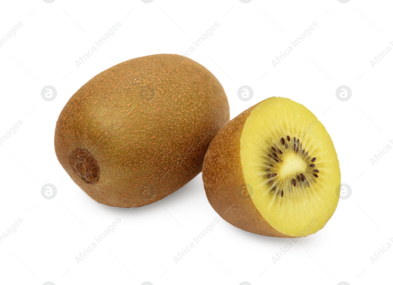 Photo of Whole and cut ripe yellow kiwis on white background