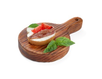 Photo of Delicious sandwich with cream cheese, anchovy, tomatoes and basil on white background