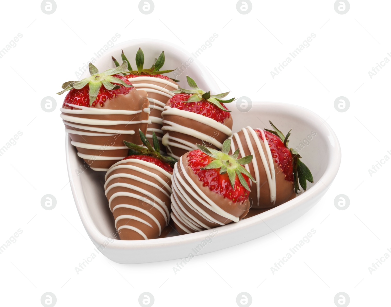 Photo of Heart shaped plate with delicious chocolate covered strawberries isolated on white