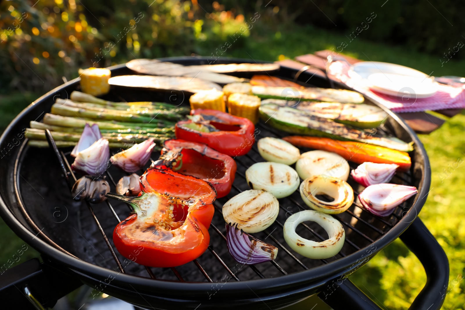 Photo of Delicious grilled vegetables on barbecue grill outdoors