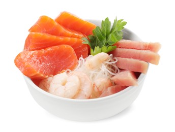Photo of Sashimi set of salmon, tuna and shrimps served with funchosa and parsley isolated on white