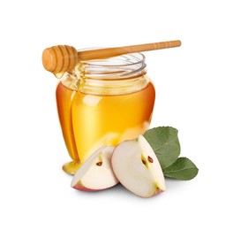 Image of Honey in glass jar, cut apple and dipper isolated on white