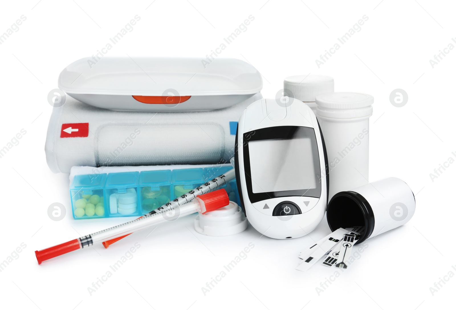 Photo of Different medical objects on white background. Health care