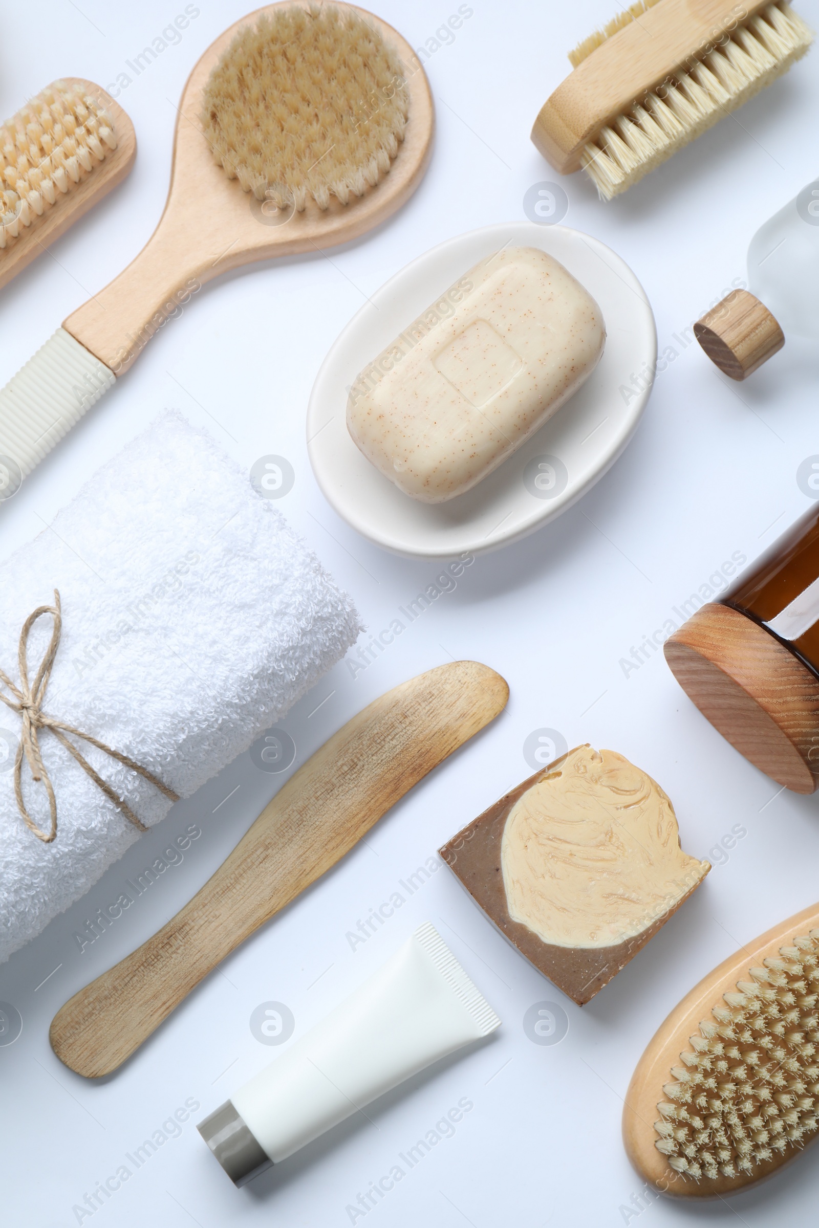 Photo of Bath accessories. Flat lay composition with personal care products on white background