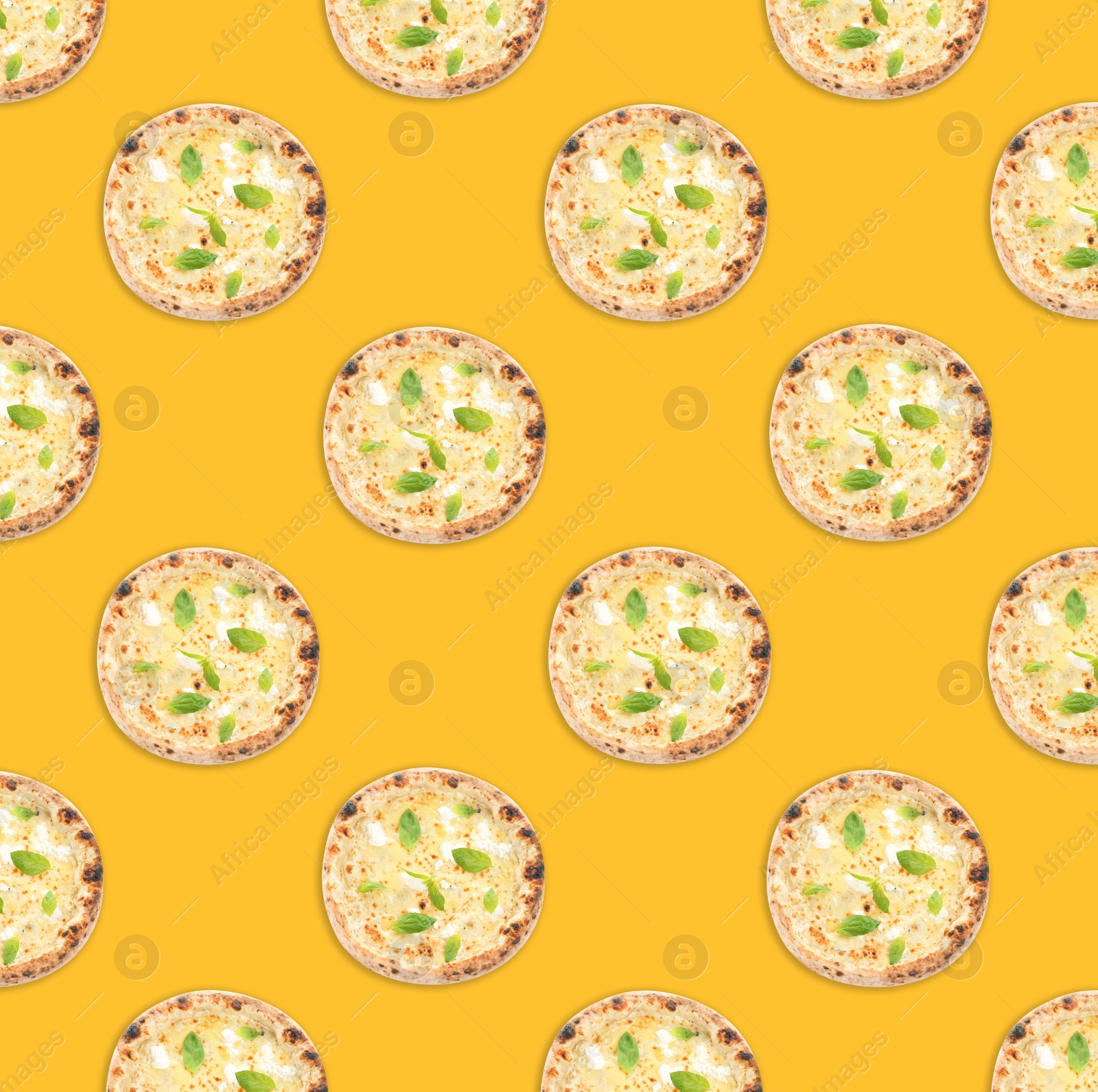 Image of Many delicious cheese pizzas on yellow background, flat lay. Seamless pattern design