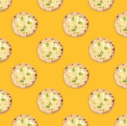 Image of Many delicious cheese pizzas on yellow background, flat lay. Seamless pattern design