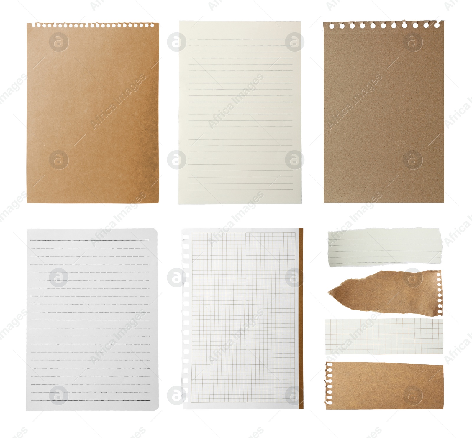 Image of Set of different notebook papers on white background