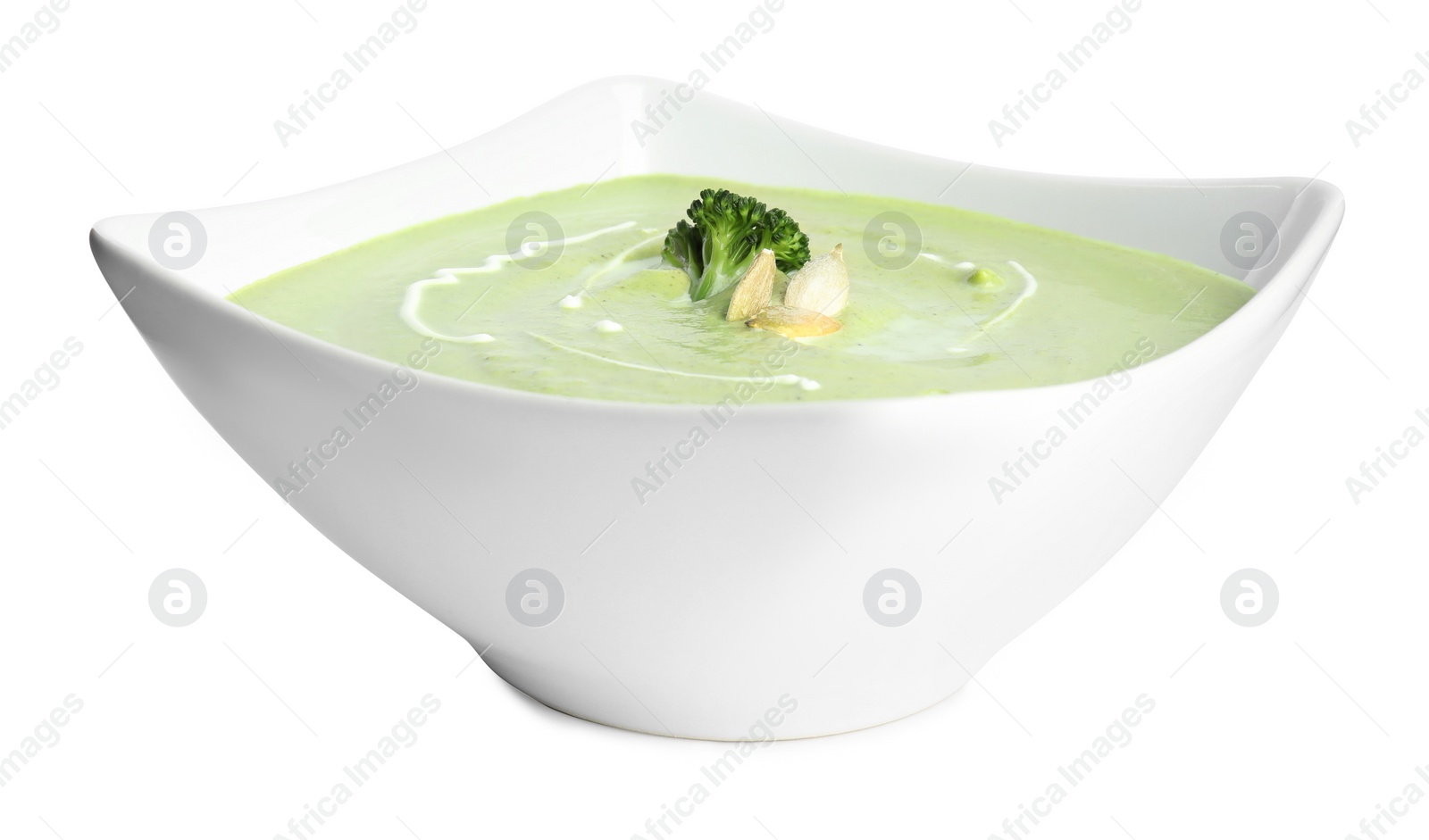 Photo of Delicious broccoli cream soup isolated on white