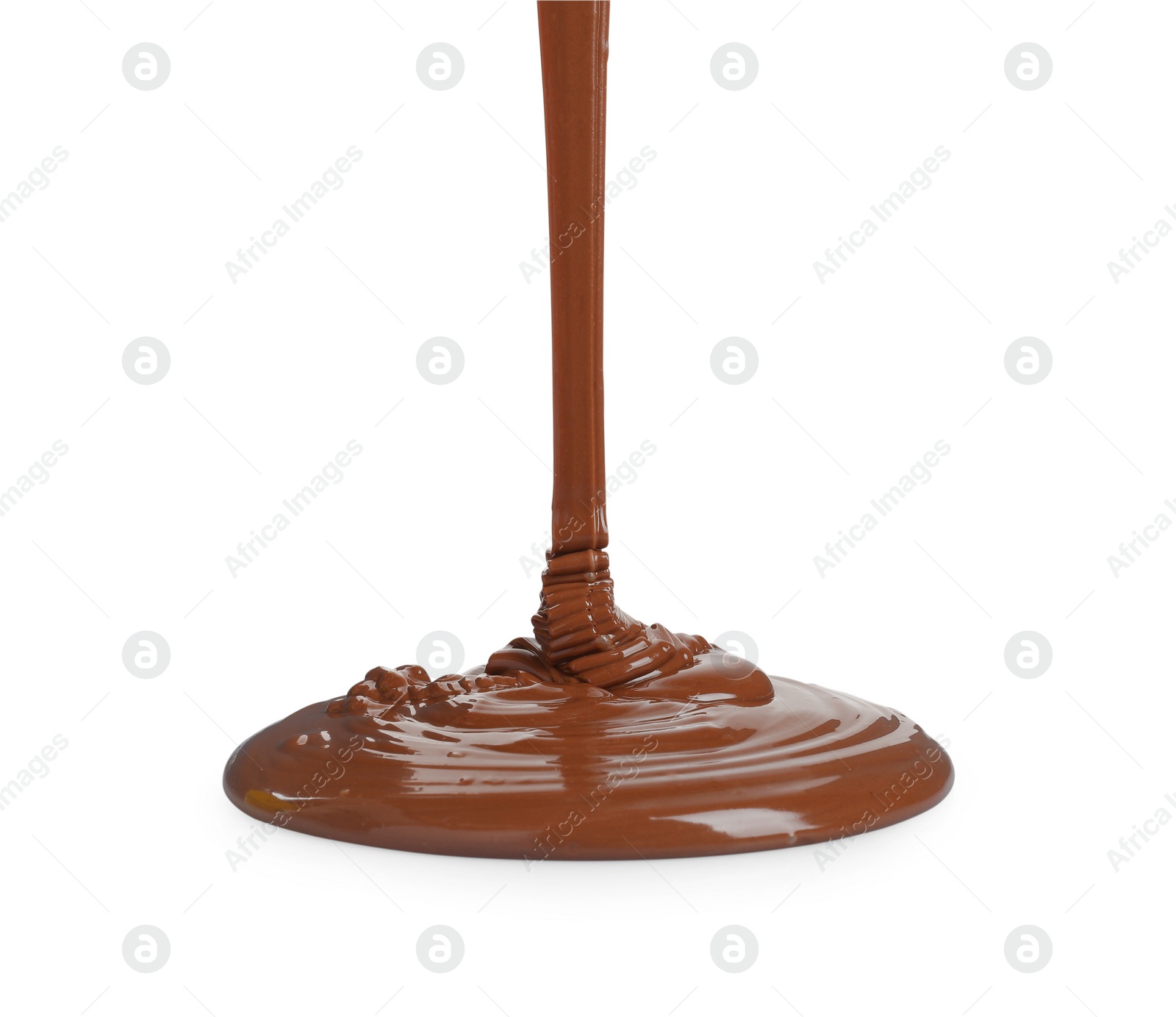 Photo of Pouring tasty melted milk chocolate isolated on white