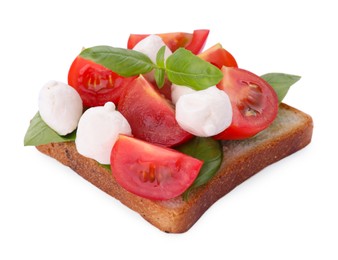 Photo of Delicious Caprese sandwich with mozzarella, tomatoes, basil and pesto sauce isolated on white