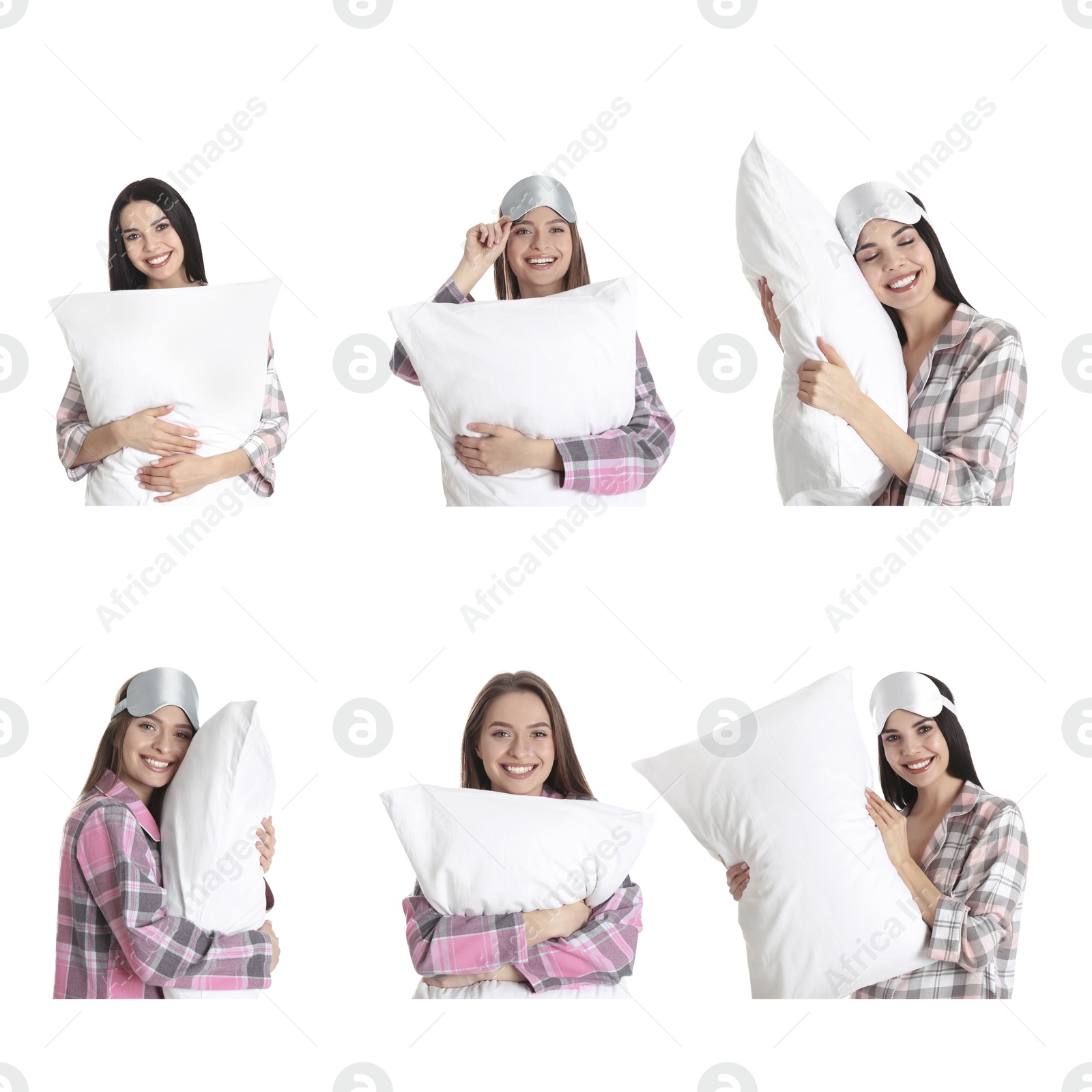 Image of Collage of young women in pajamas with pillows against white background