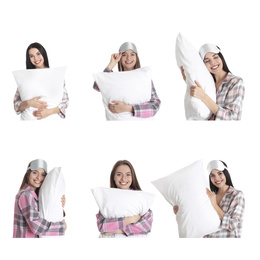 Image of Collage of young women in pajamas with pillows against white background