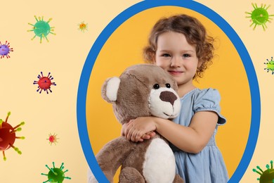 Cute little girl hugging toy bear with strong immunity. Line around her symbolizing shield blocking viruses