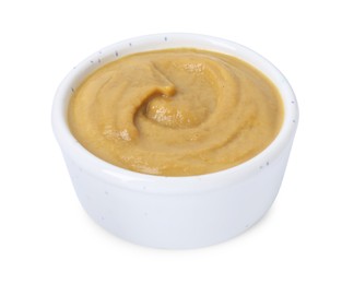 Photo of Fresh tasty mustard sauce in bowl isolated on white