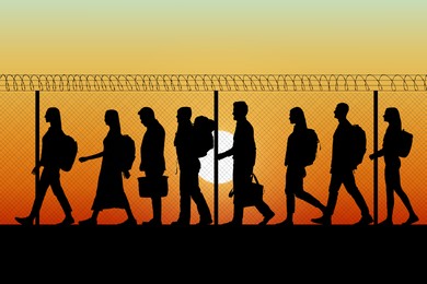 Image of Immigration. Silhouettespeople walking along perimeter fence with barbed wire on top at sunset, illustration
