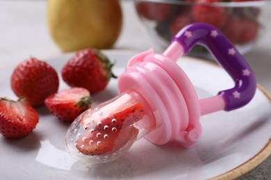Photo of Plastic nibbler with fresh strawberries on plate, closeup. Baby feeder