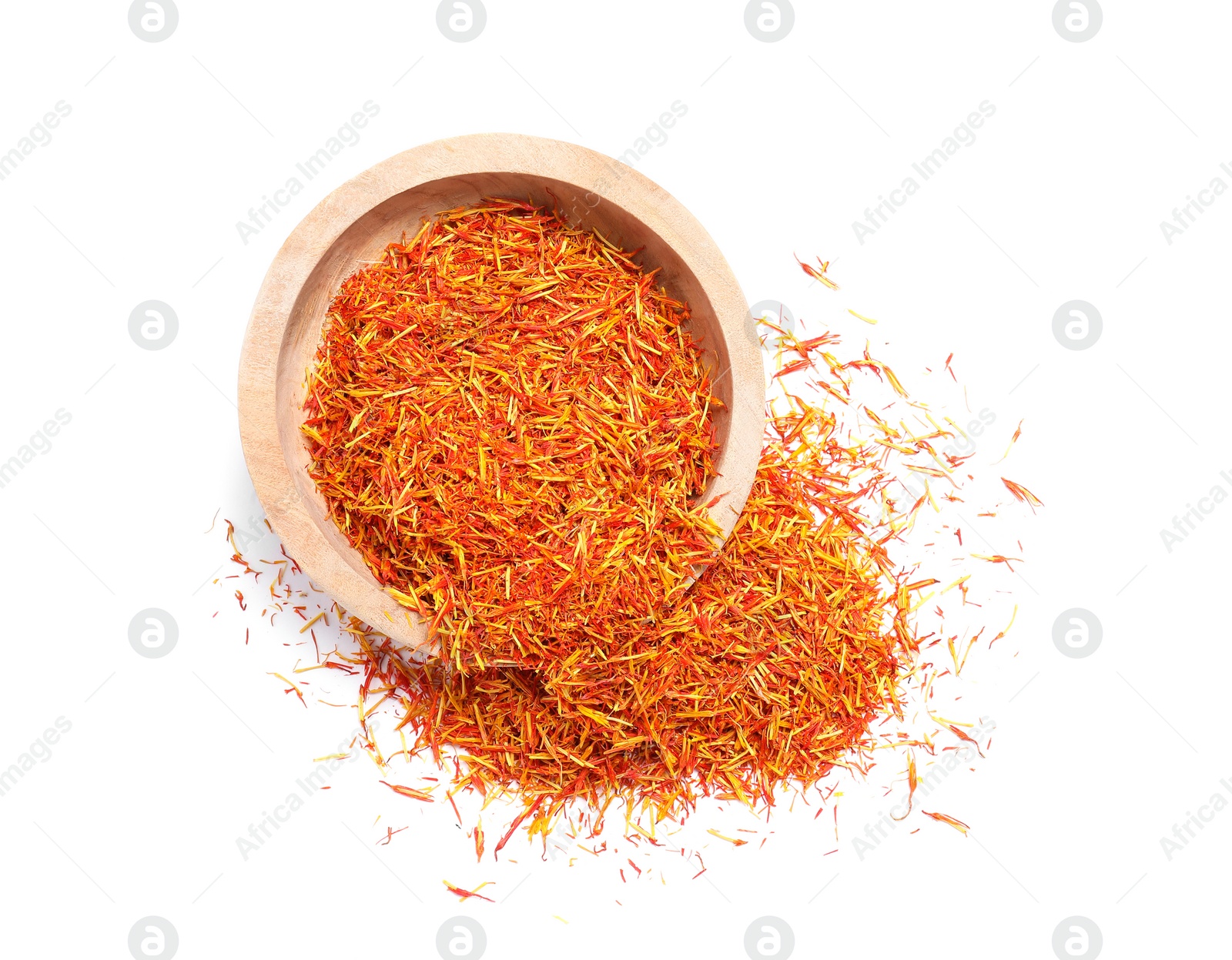 Photo of Aromatic saffron and bowl isolated on white, top view