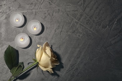 Photo of Beautiful white rose and candles on grey background, top view. Funeral symbol