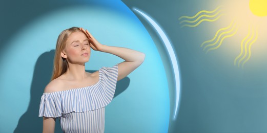 Image of Sun protection product (sunscreen) as barrier against ultraviolet, banner design. Beautiful young woman shading herself with hand on light blue background