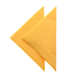 Photo of Folded yellow clean paper tissues on white background, top view