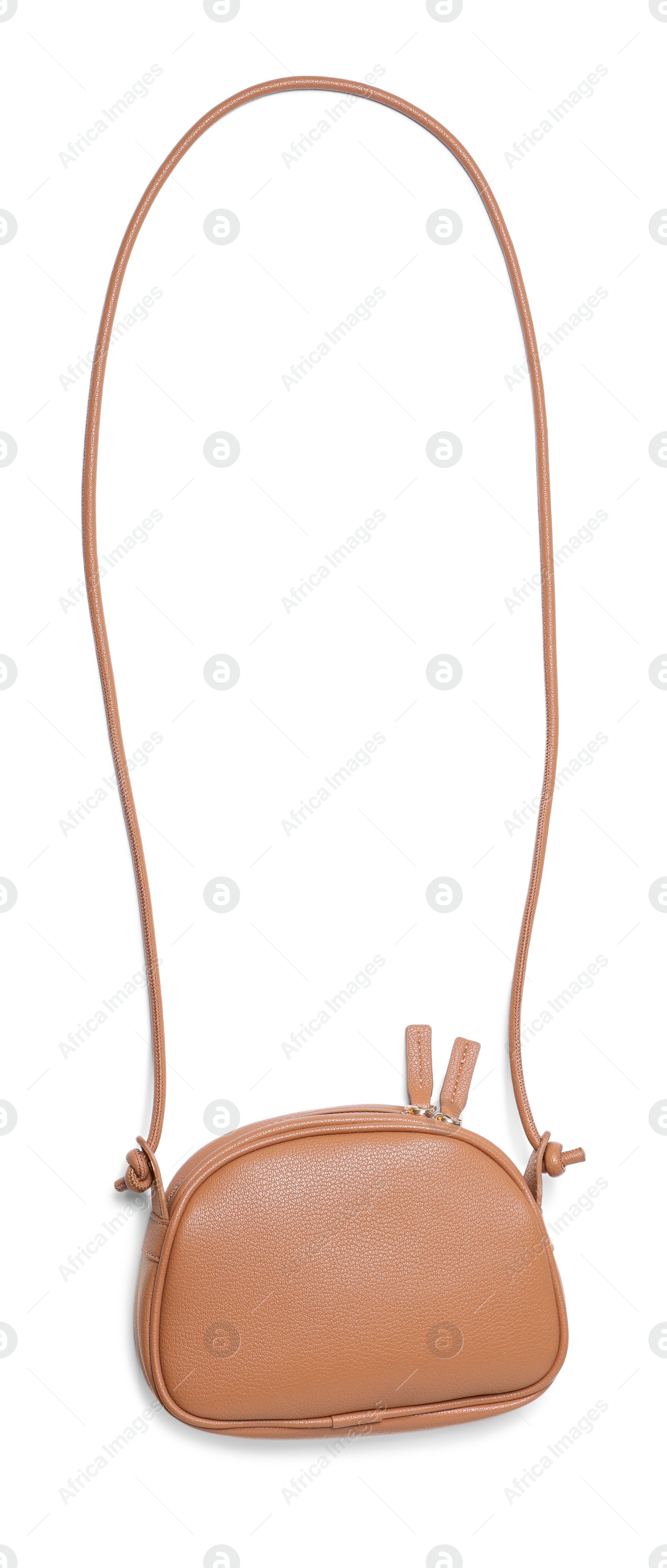 Photo of Stylish light brown leather handbag isolated on white, top view