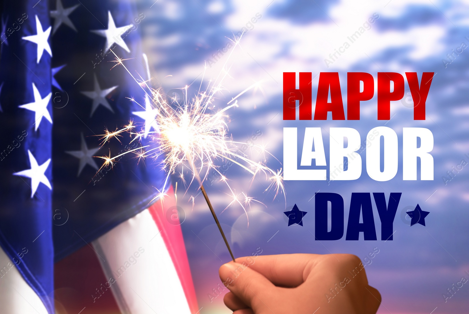 Image of Happy Labor Day. Woman holding burning sparkler near American flag outdoors, closeup