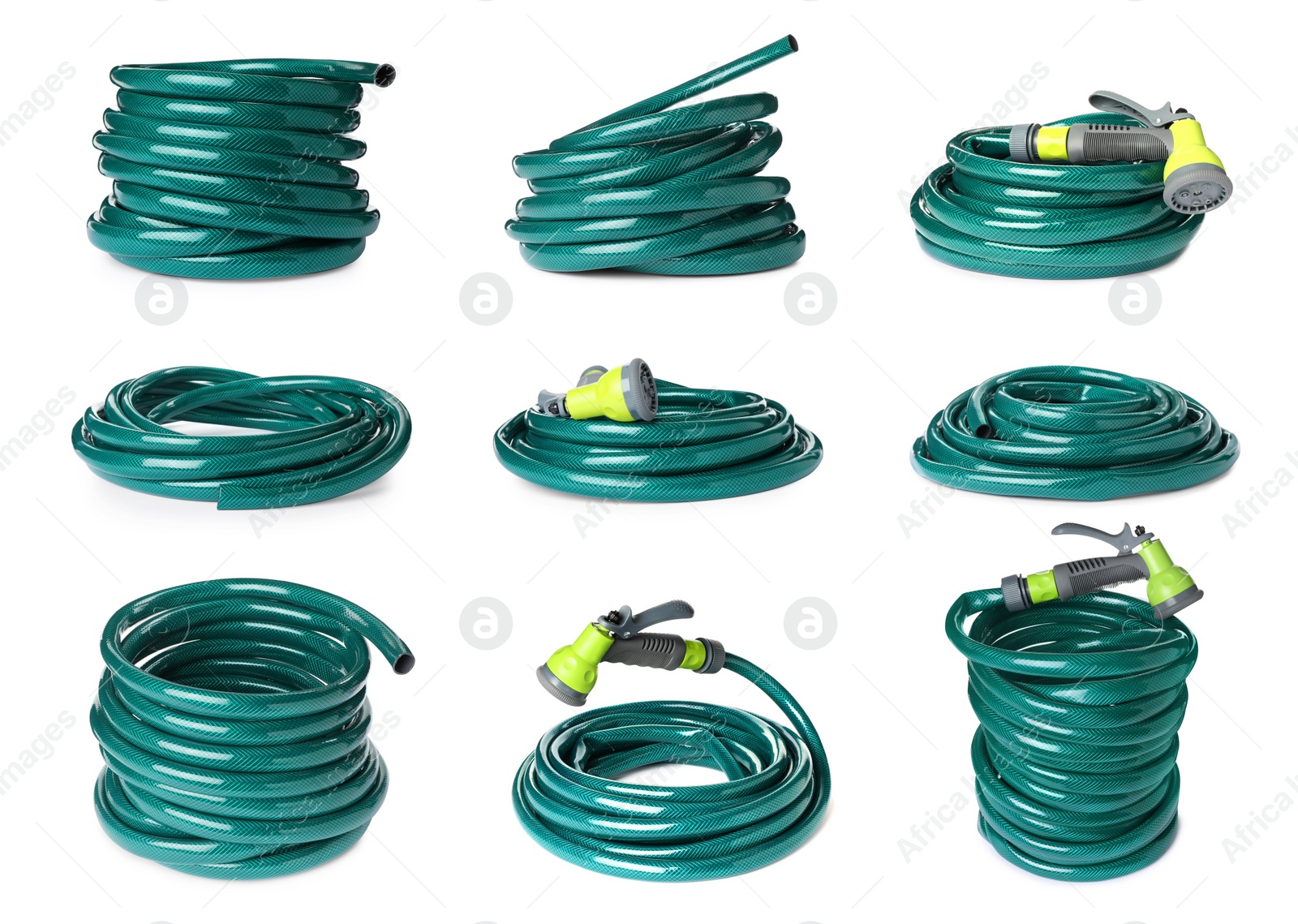 Image of Set with green rubber watering hoses on white background