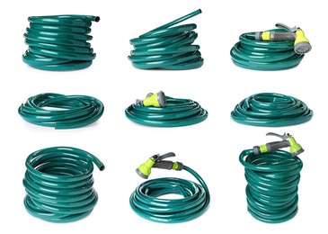 Image of Set with green rubber watering hoses on white background
