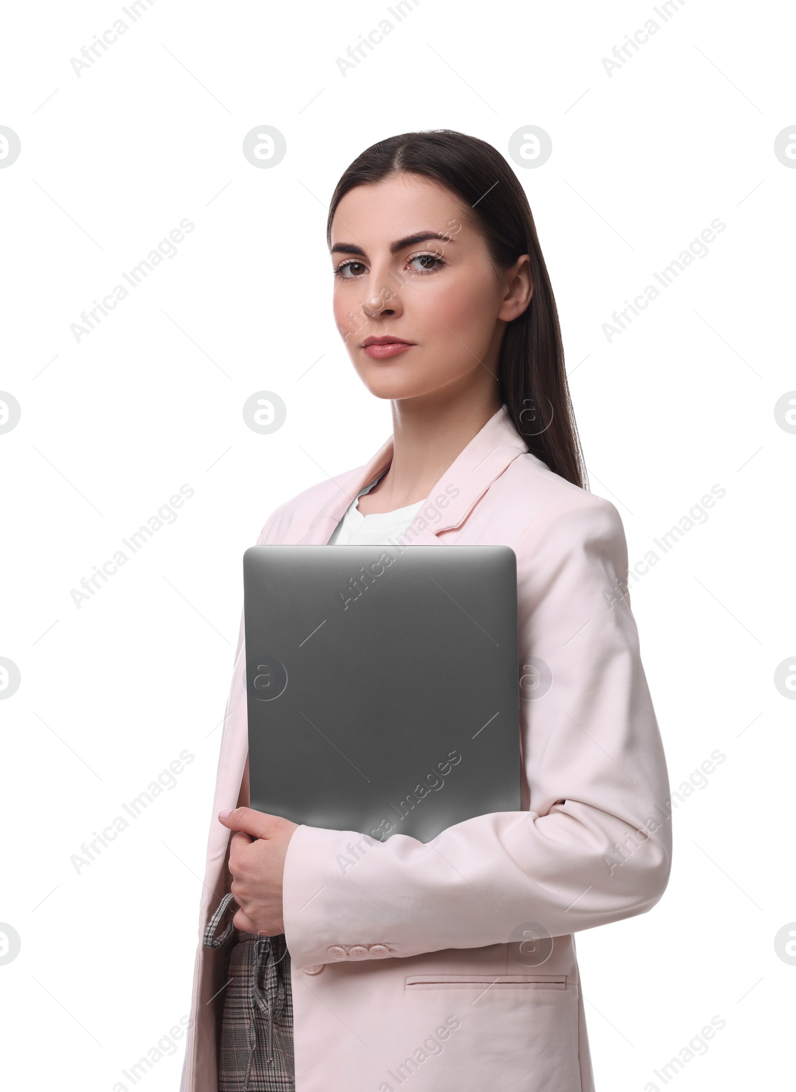 Photo of Beautiful businesswoman with laptop on white background