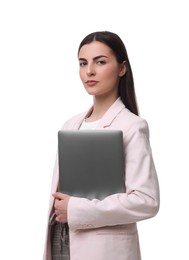 Photo of Beautiful businesswoman with laptop on white background