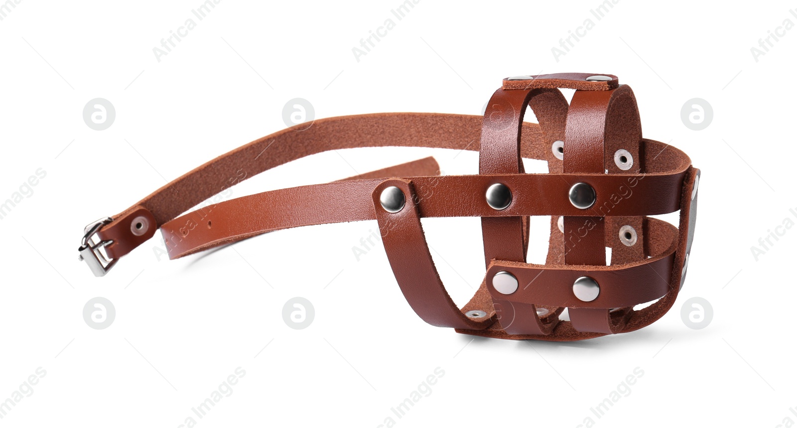 Photo of Brown leather dog muzzle isolated on white