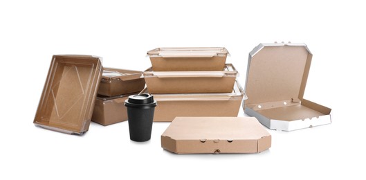 Image of Set with cardboard pizza boxes, takeaway paper cup and containers for food on white background