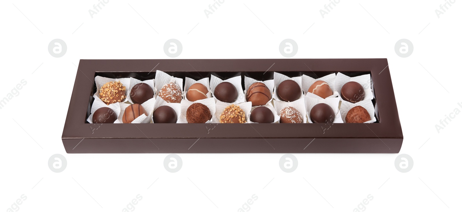 Photo of Box with delicious chocolate candies isolated on white