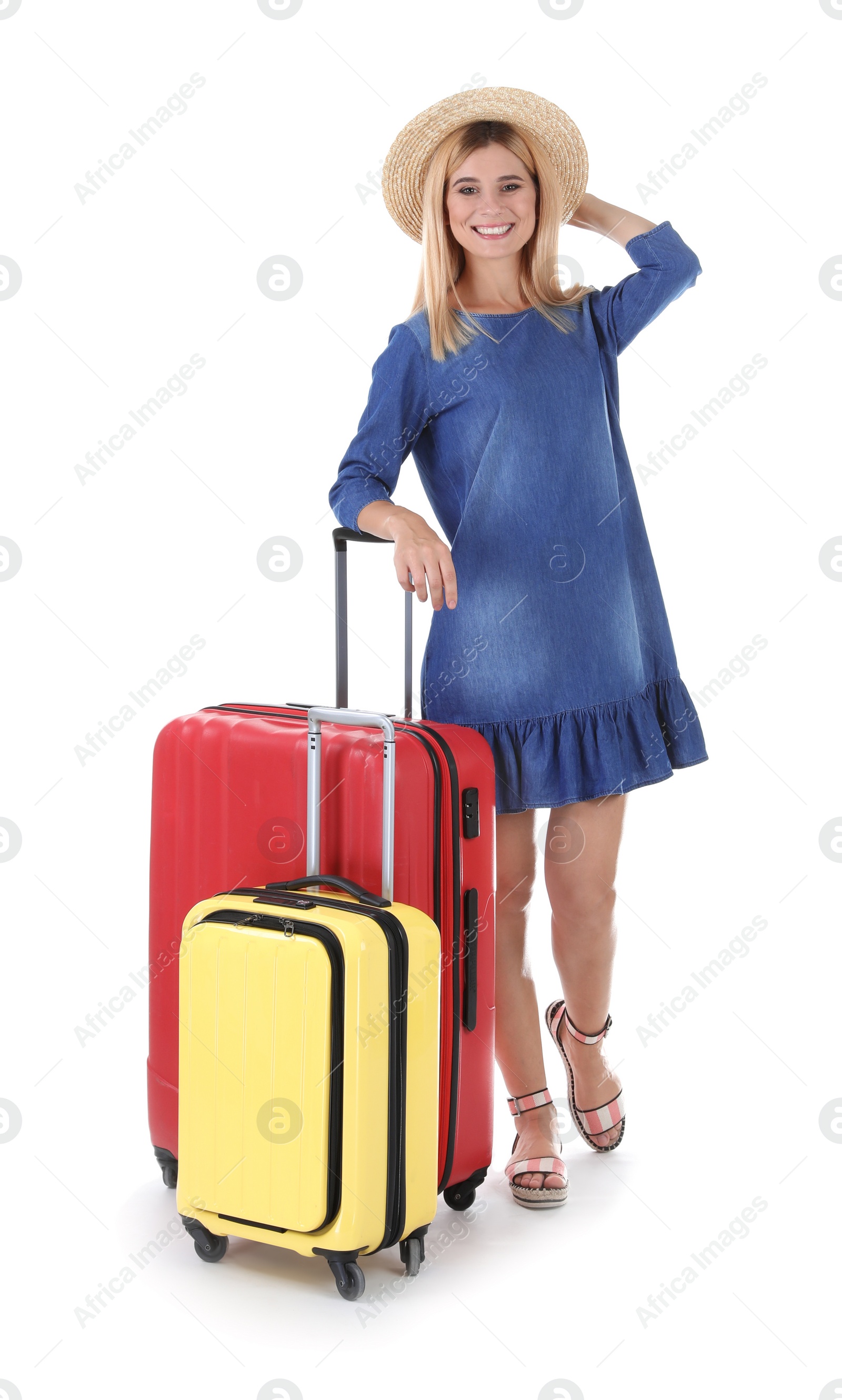 Photo of Woman with suitcases on white background. Vacation travel