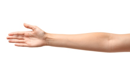 Photo of Young woman reaching hand for shake on white background, closeup