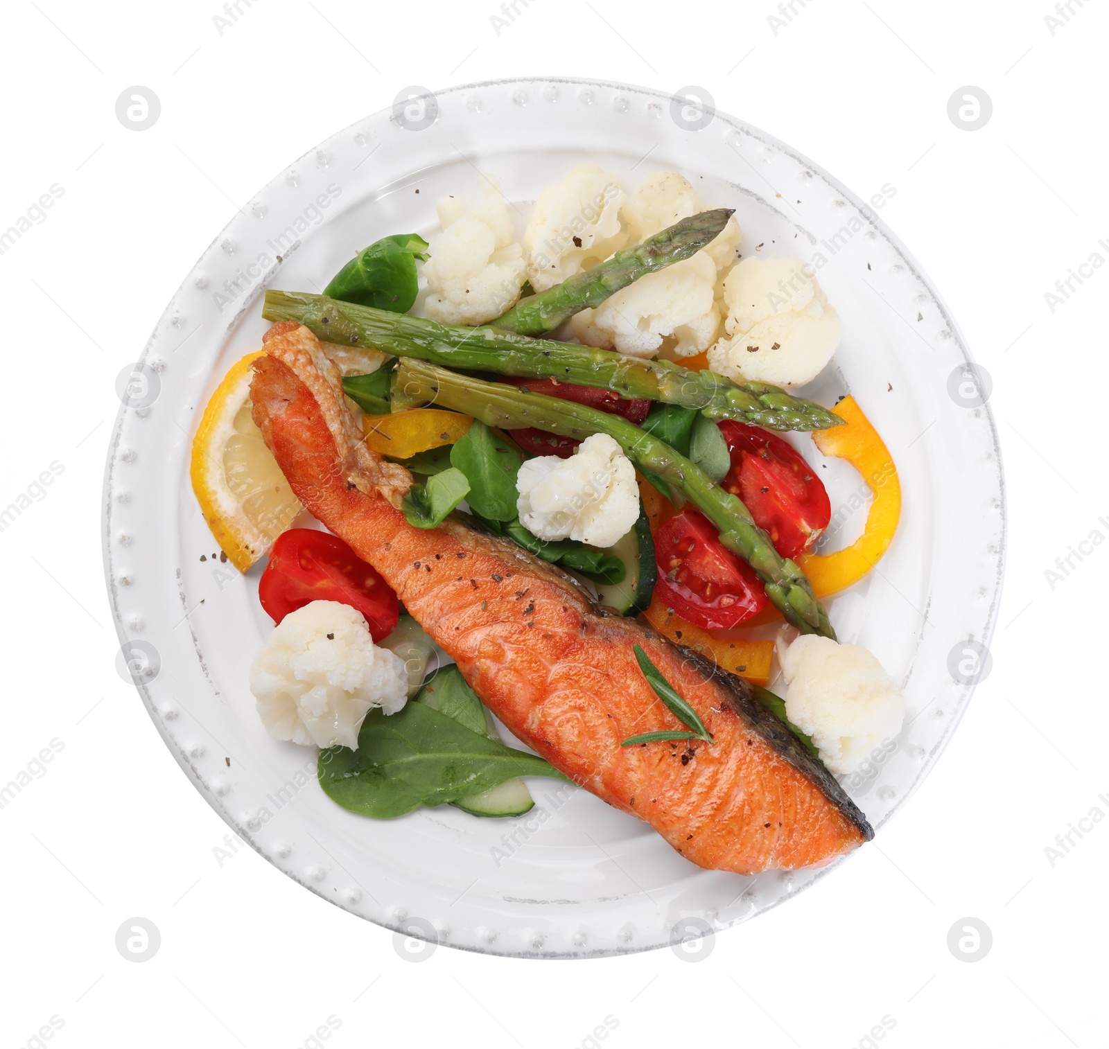 Photo of Healthy meal. Tasty grilled salmon with vegetables and spinach isolated on white, top view