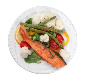 Healthy meal. Tasty grilled salmon with vegetables and spinach isolated on white, top view