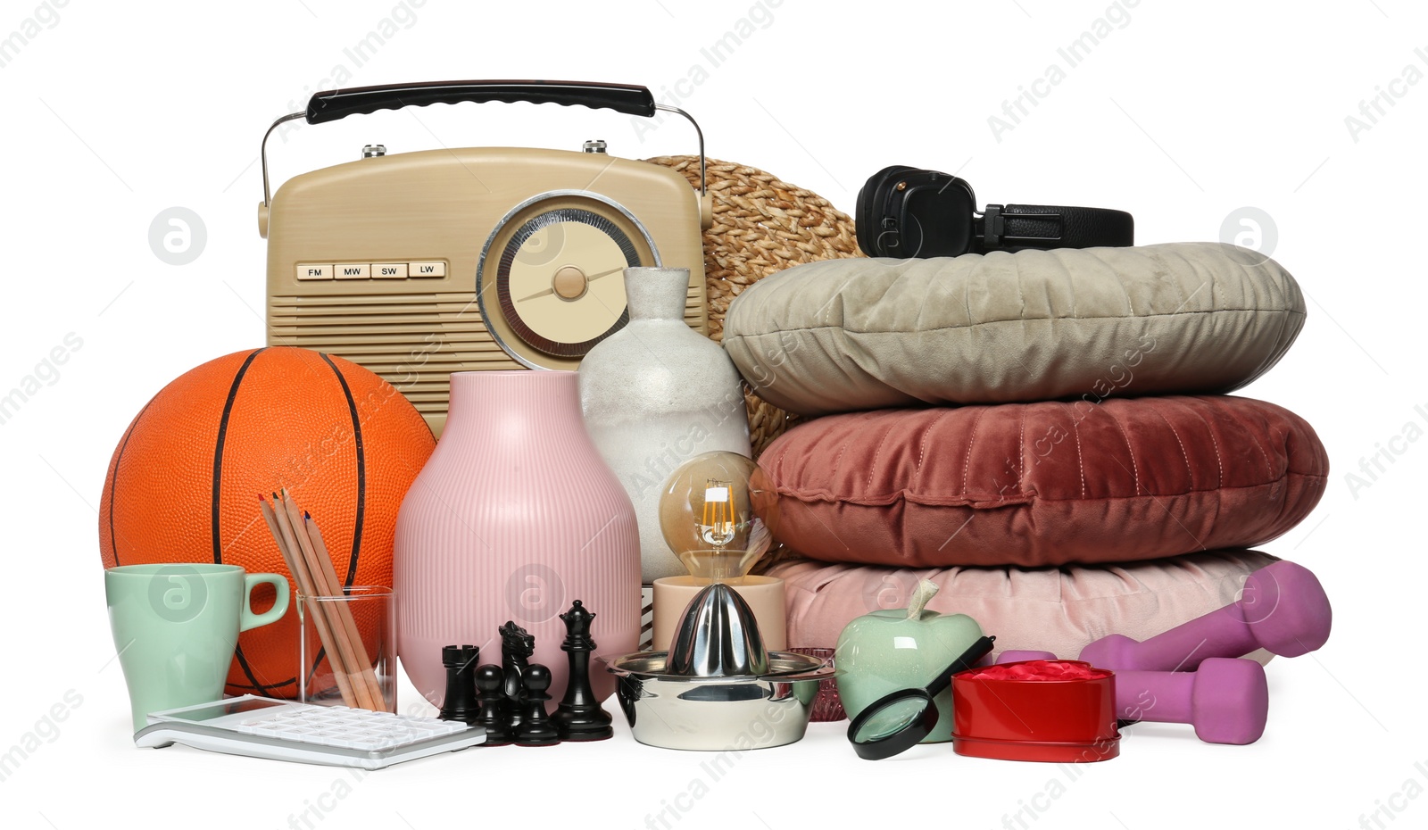 Photo of Many different stuff isolated on white. Garage sale